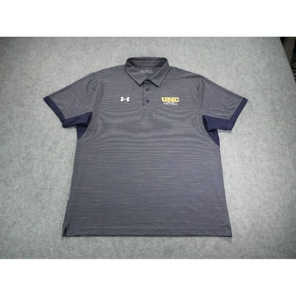 Under Armour Polo Shirt Mens 2XL Blue Gray Stripe‎ Short Sleeve UNC Football - Picture 1 of 9